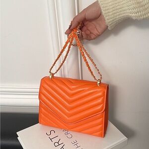 New Orange Handbag Purse Quilted Faux Leather With Chain Shoulder Strap October!